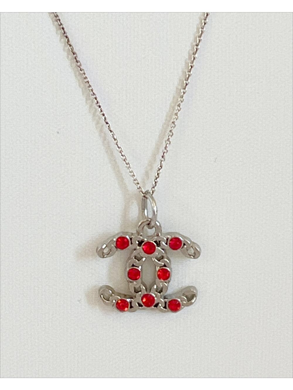 CHANEL Charm Necklace Zipper Pull Pendant Silver Tone Rhinestone Studded CC Logo